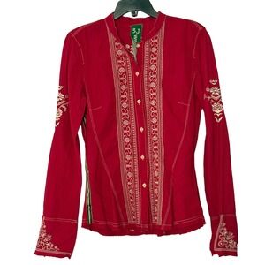 Johnny Was 3J Workshop Red Embroidered Cotton Long Sleeve Button Shirt - Small